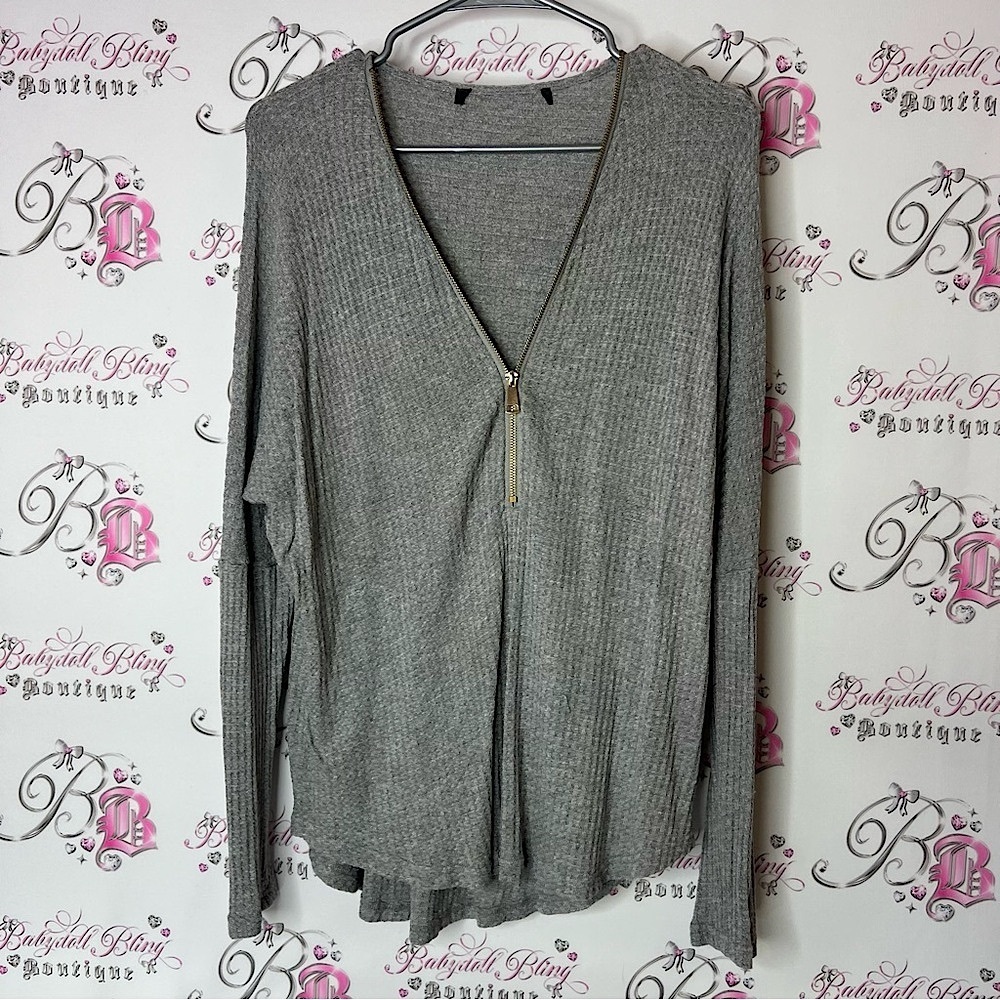 Waffle knit long sleeve zip up adjustable Gray Zippered Women's Top